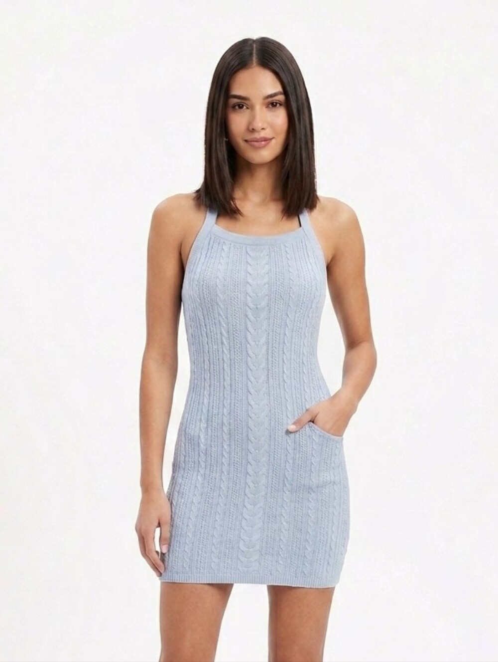 Zara Light Blue Cable Knit Bodycon Halter Mini Dress Size Large NWT